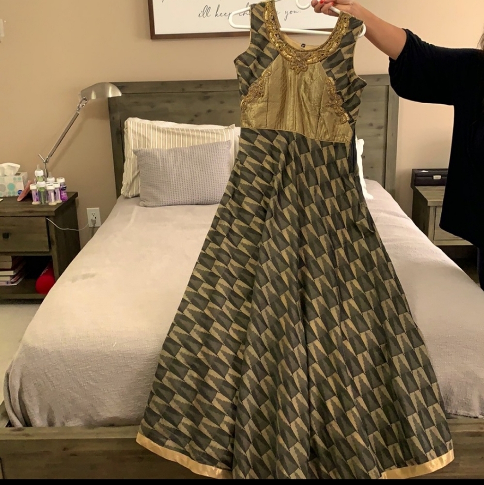 Authentic Indian wedding guest dress long Anarkali with pant and dupatta.